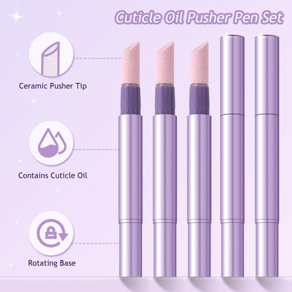Furtherpretty 5PCS Cuticle Oil Pusher Pen Set: 2-in-1 Ceramic Cuticle Pushers with Oil for Nail Repair, Hangnail & Dry Cuticle Removal, Professional Salon Tools