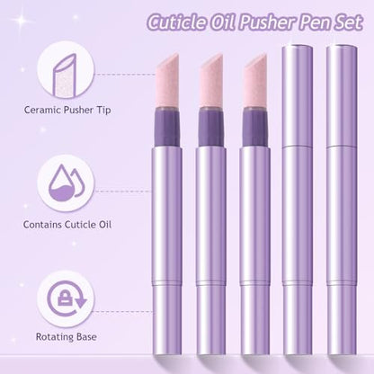 Furtherpretty 5PCS Cuticle Oil Pusher Pen Set: 2-in-1 Ceramic Cuticle Pushers with Oil for Nail Repair, Hangnail & Dry Cuticle Removal, Professional Salon Tools