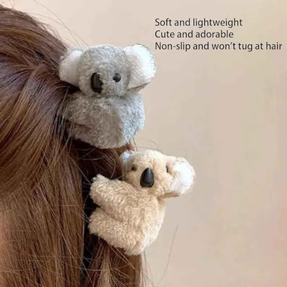 3 Pcs Plush Gray and Khaki Koala Hair Claw Clip Set - Cute Cartoon Koala Stuffed Animal Clips for Women