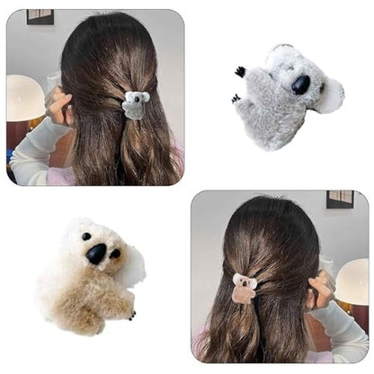 3 Pcs Plush Gray and Khaki Koala Hair Claw Clip Set - Cute Cartoon Koala Stuffed Animal Clips for Women