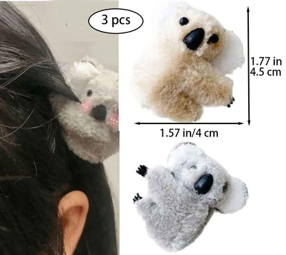 3 Pcs Plush Gray and Khaki Koala Hair Claw Clip Set - Cute Cartoon Koala Stuffed Animal Clips for Women