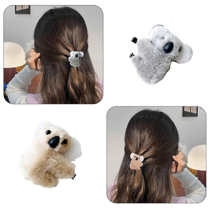 3 Pcs Plush Gray and Khaki Koala Hair Claw Clip Set - Cute Cartoon Koala Stuffed Animal Clips for Women