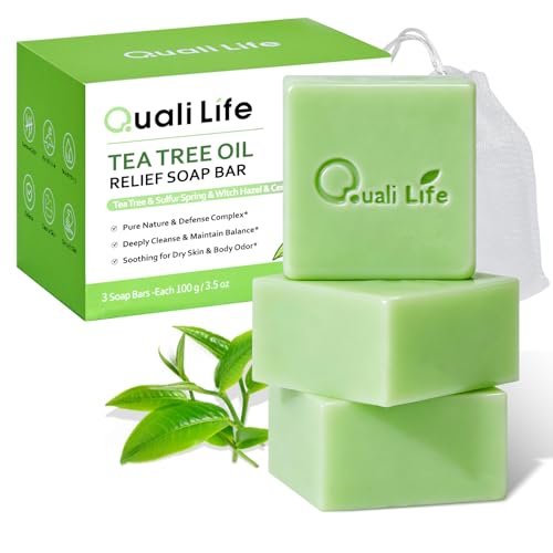 QualiLife Tea Tree Soap Bar – Antifungal & Antibacterial Soap for Face & Body, 3.5 oz (Pack of 3) - görsel 2