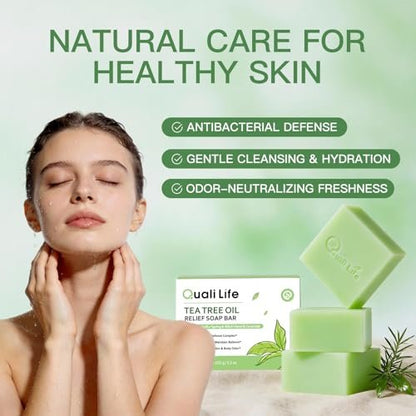 QualiLife Tea Tree Soap Bar – Antifungal & Antibacterial Soap for Face & Body, 3.5 oz (Pack of 3)