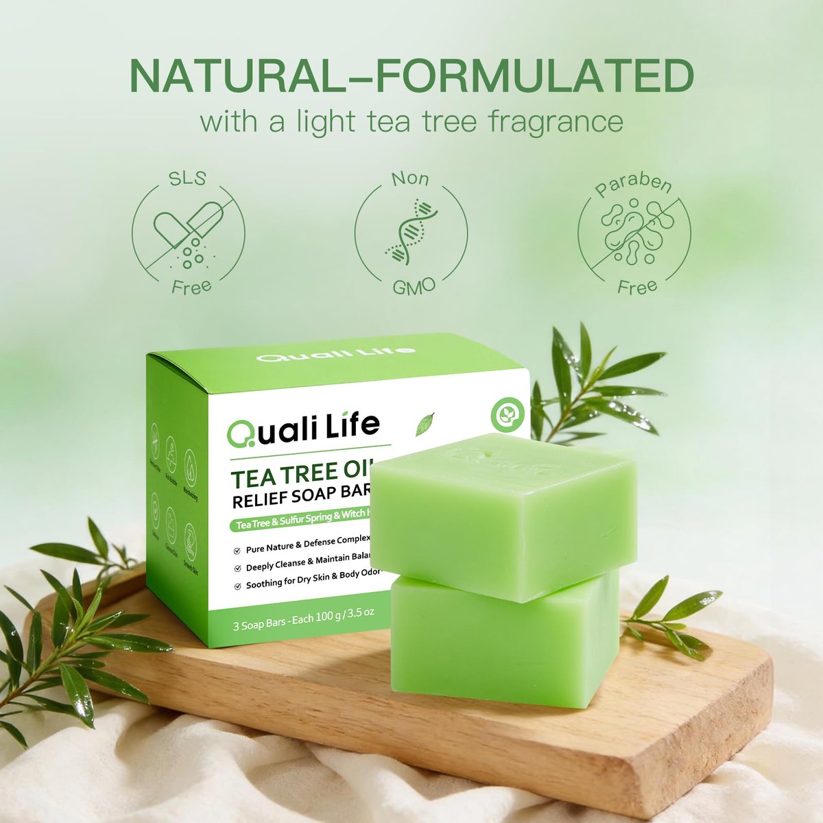 QualiLife Tea Tree Soap Bar – Antifungal & Antibacterial Soap for Face & Body, 3.5 oz (Pack of 3) - görsel 15