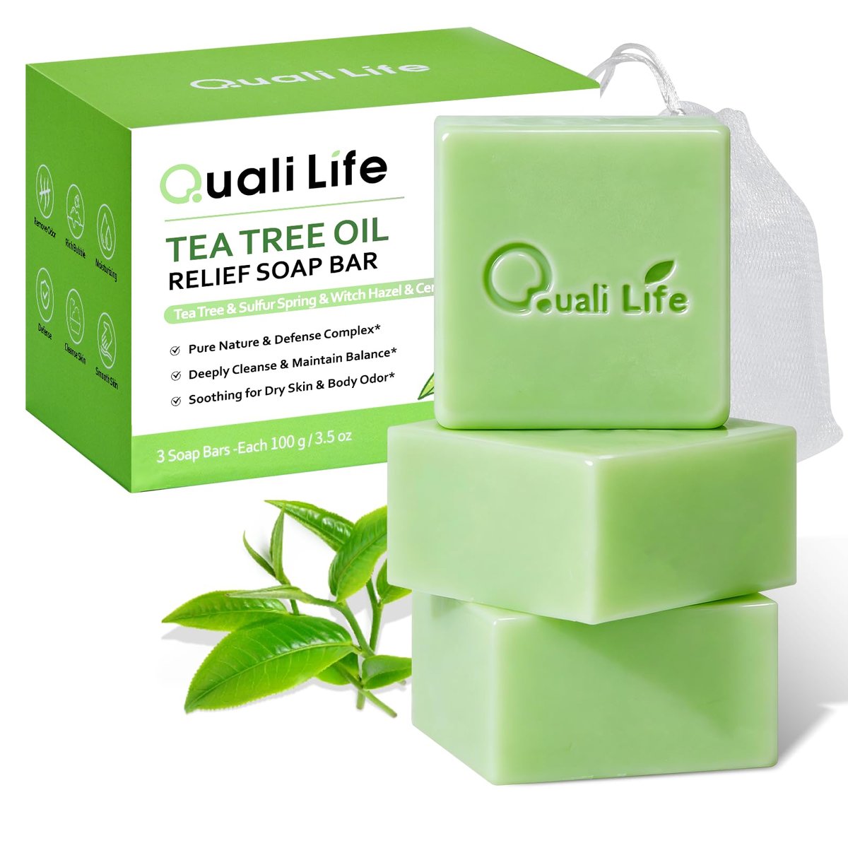 QualiLife Tea Tree Soap Bar – Antifungal & Antibacterial Soap for Face & Body, 3.5 oz (Pack of 3) - görsel 1