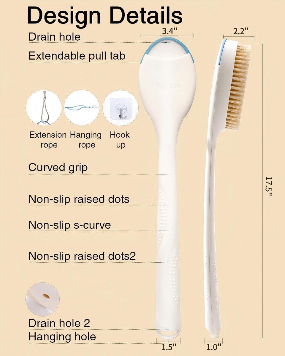 BUBBLEDANCE Natural Boar Bristle Back Scrubber – 4X Scrubbing Power, Extendable Long Handle (17.5"-31.9") for Deep Exfoliation & Dry Brushing – 1.3X Wider Head, Anti-Slip Shower Brush for Men & Women Avelisse