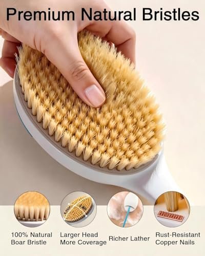 BUBBLEDANCE Natural Boar Bristle Back Scrubber – 4X Scrubbing Power, Extendable Long Handle (17.5"-31.9") for Deep Exfoliation & Dry Brushing – 1.3X Wider Head, Anti-Slip Shower Brush for Men & Women Avelisse