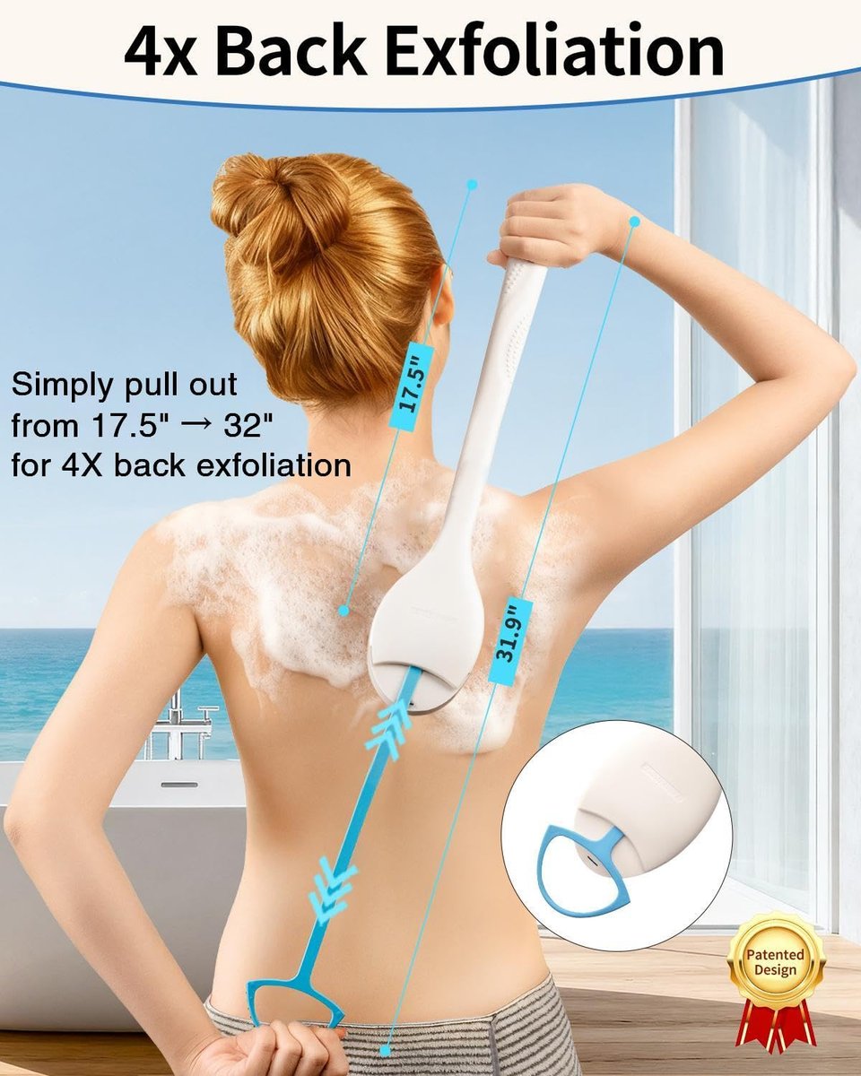 BUBBLEDANCE Natural Boar Bristle Back Scrubber – 4X Scrubbing Power, Extendable Long Handle (17.5"-31.9") for Deep Exfoliation & Dry Brushing – 1.3X Wider Head, Anti-Slip Shower Brush for Men & Women Avelisse