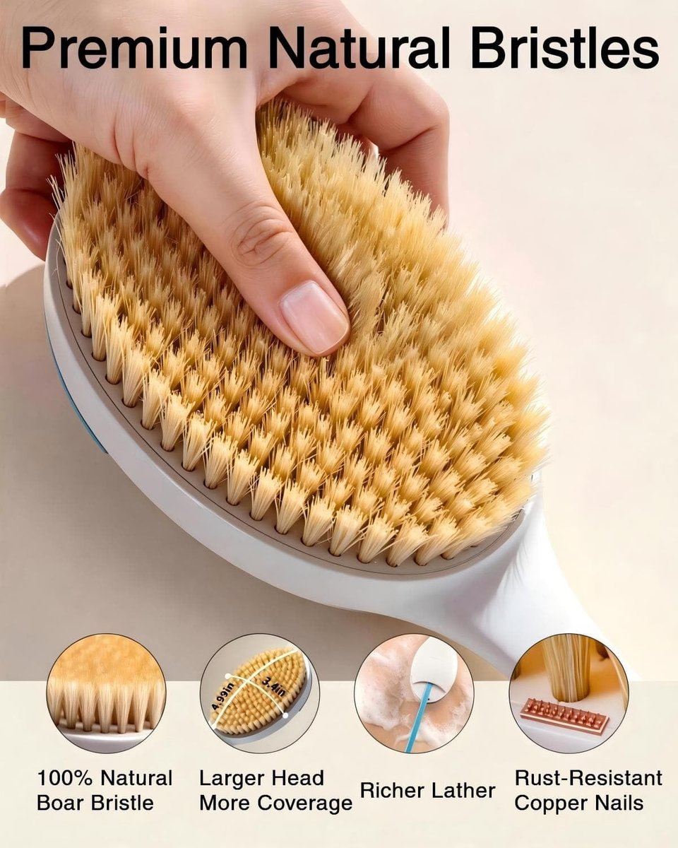 BUBBLEDANCE Natural Boar Bristle Back Scrubber – 4X Scrubbing Power, Extendable Long Handle (17.5"-31.9") for Deep Exfoliation & Dry Brushing – 1.3X Wider Head, Anti-Slip Shower Brush for Men & Women Avelisse