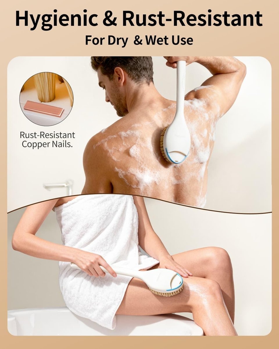 BUBBLEDANCE Natural Boar Bristle Back Scrubber – 4X Scrubbing Power, Extendable Long Handle (17.5"-31.9") for Deep Exfoliation & Dry Brushing – 1.3X Wider Head, Anti-Slip Shower Brush for Men & Women Avelisse