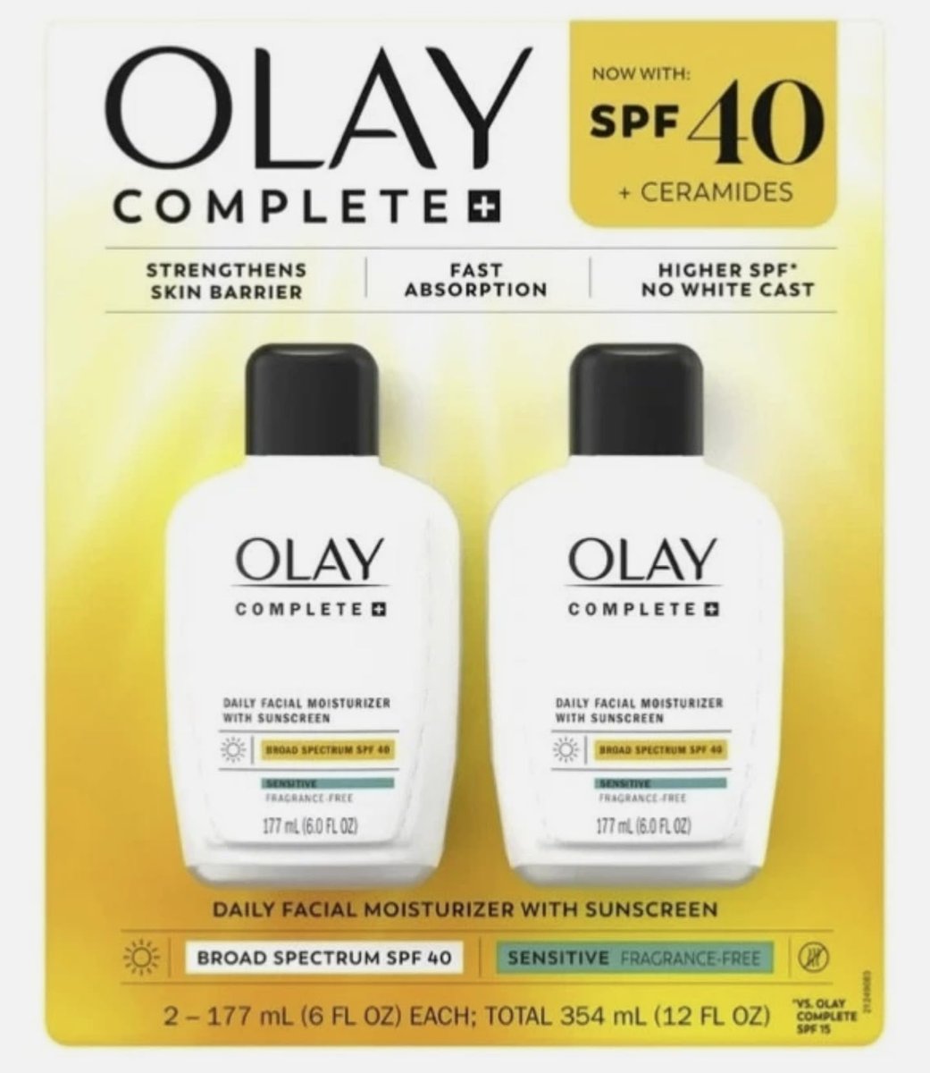 Olay Complete Daily Facial Moisturizer with SPF 40 Sunscreen, 2 Pack, 177 mL (6.0 FL OZ) Each, 354 mL (12.0 FL OZ) Total Avelisse