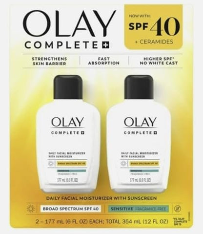 Olay Complete Daily Facial Moisturizer with SPF 40 Sunscreen, 2 Pack, 177 mL (6.0 FL OZ) Each, 354 mL (12.0 FL OZ) Total Avelisse