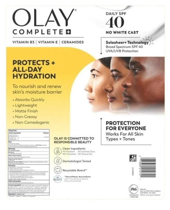 Olay Complete Daily Facial Moisturizer with SPF 40 Sunscreen, 2 Pack, 177 mL (6.0 FL OZ) Each, 354 mL (12.0 FL OZ) Total Avelisse