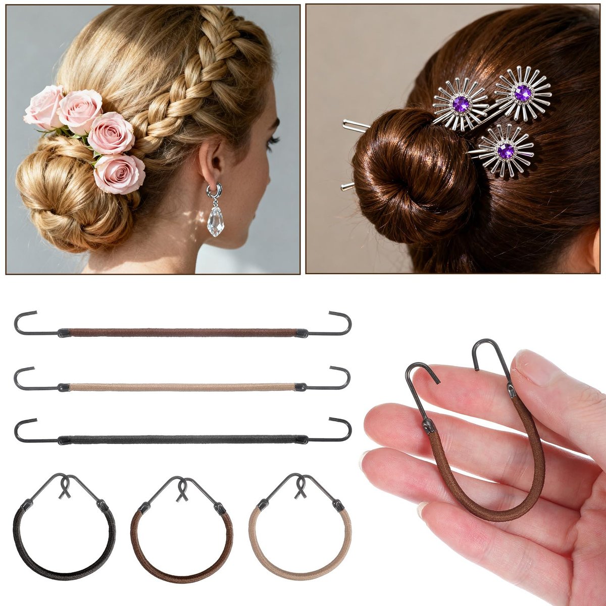 Matwsec 12 Pcs Elastic Hook Hair Ties – Small Ponytail Holders with Hooks for Women, Girls, Curly & Long Hair (Black, Coffee, Apricot) - görsel 5