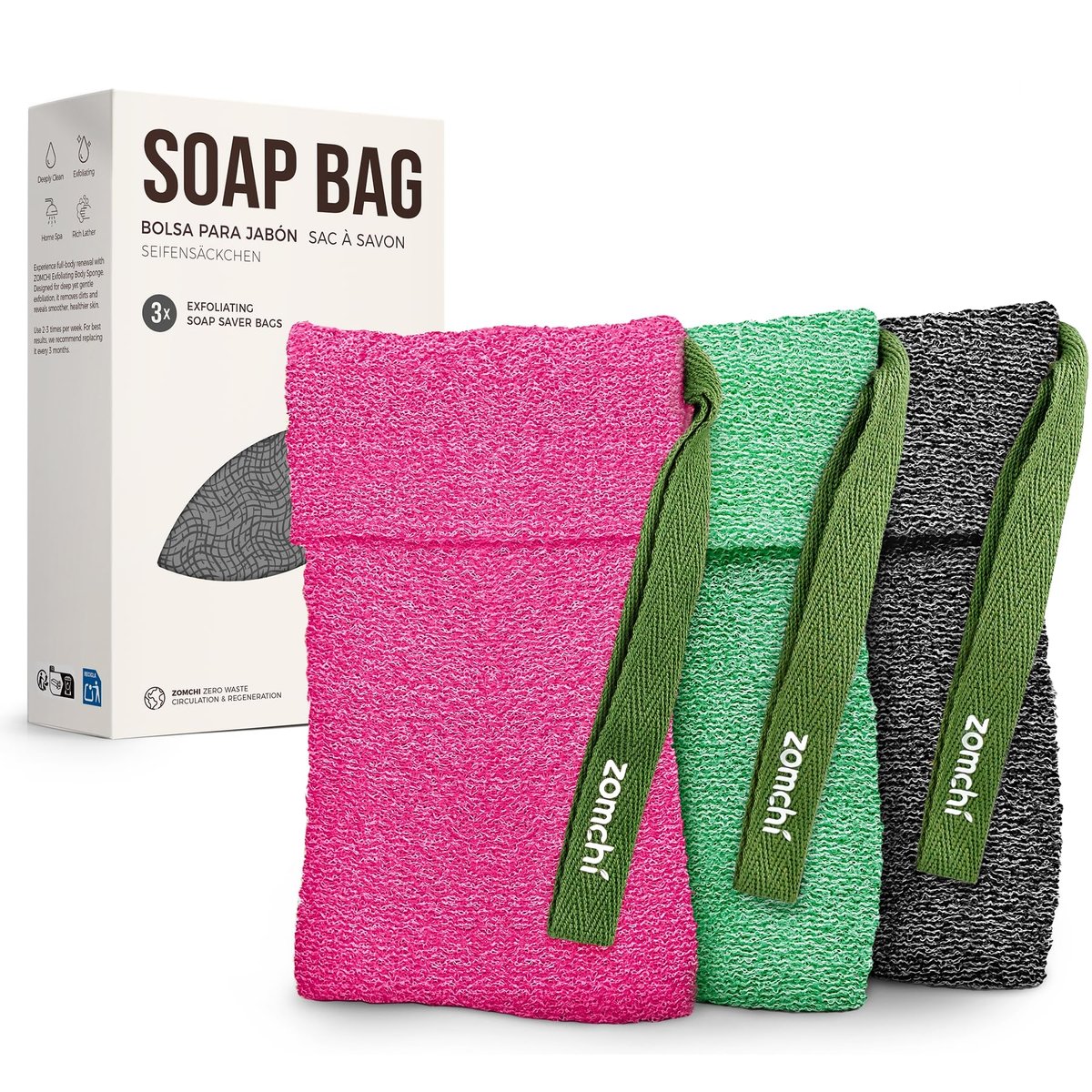 ZOMCHI 3 Pack Exfoliating Soap Bag - Body Scrubber Sponge and Soap Saver for Bar Soap | Deep Exfoliation with Nylon Mesh Avelisse