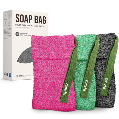 ZOMCHI 3 Pack Exfoliating Soap Bag - Body Scrubber Sponge and Soap Saver for Bar Soap | Deep Exfoliation with Nylon Mesh Avelisse