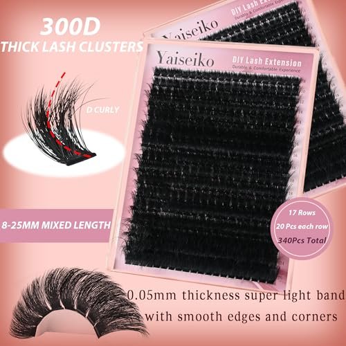 Full Volume Lash Clusters 300D 8-25mm Thick Cluster Eyelash Extensions 340Pcs Wispy 3D Individual Lashes Waterproof Mega Eyelash Clusters Soft False Lashes Big Pack, by Yaiseiko Avelisse