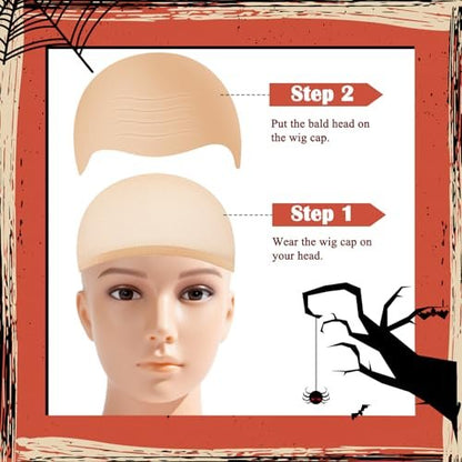 LLMSIX Latex Bald Cap with Nylon Wig Caps Set for Adults – Skin Color Bald Cap Costume for Women, Men, Halloween, Christmas, Party, Cosplay Avelisse