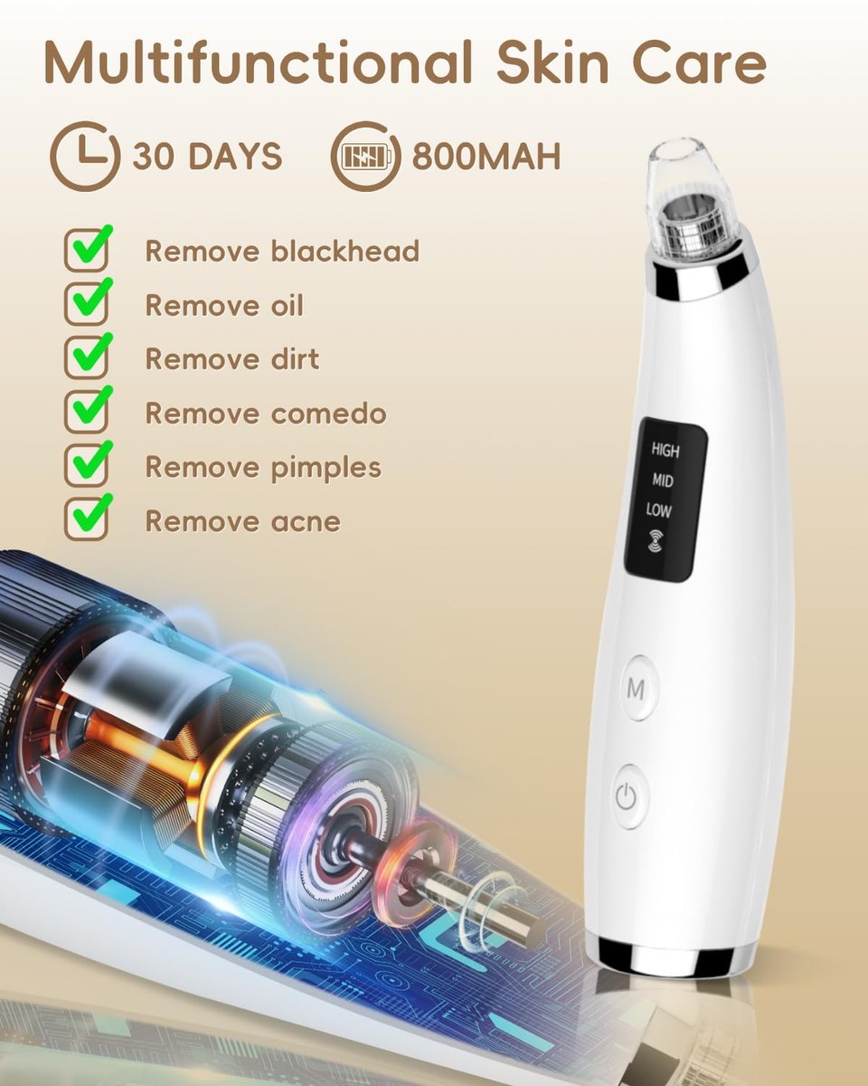 Rechargeable Blackhead Vacuum Pore Cleaner - 5 Attachments & 3 Suction Levels for Deep Facial Cleansing, USB-Powered Blackhead Remover for Women and Men (White) Avelisse