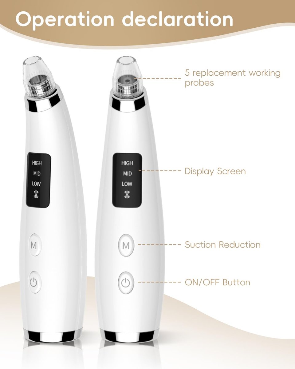 Rechargeable Blackhead Vacuum Pore Cleaner - 5 Attachments & 3 Suction Levels for Deep Facial Cleansing, USB-Powered Blackhead Remover for Women and Men (White) Avelisse