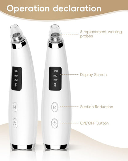Rechargeable Blackhead Vacuum Pore Cleaner - 5 Attachments & 3 Suction Levels for Deep Facial Cleansing, USB-Powered Blackhead Remover for Women and Men (White) Avelisse