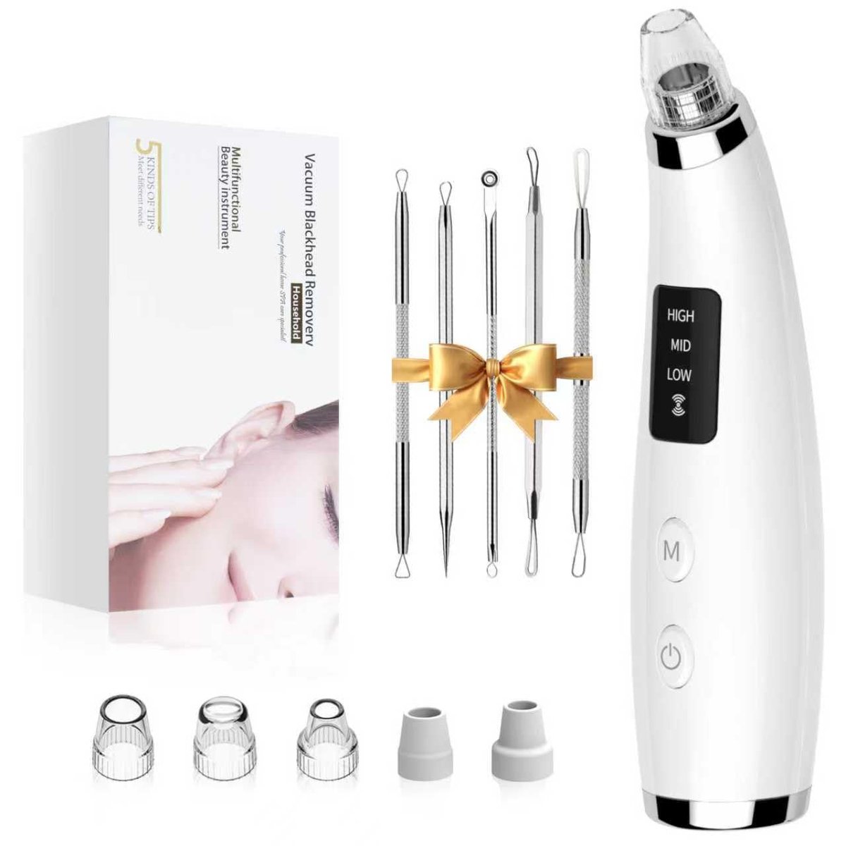 Rechargeable Blackhead Vacuum Pore Cleaner - 5 Attachments & 3 Suction Levels for Deep Facial Cleansing, USB-Powered Blackhead Remover for Women and Men (White) Avelisse