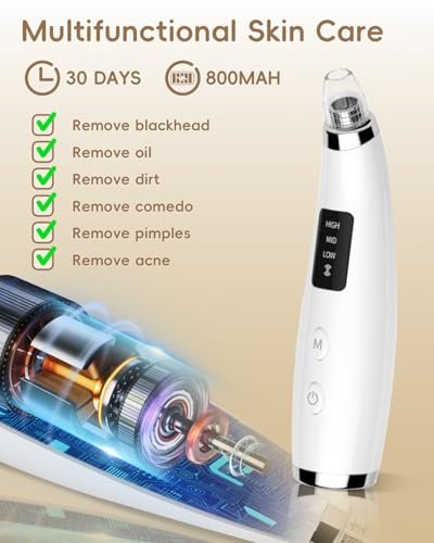 Rechargeable Blackhead Vacuum Pore Cleaner - 5 Attachments & 3 Suction Levels for Deep Facial Cleansing, USB-Powered Blackhead Remover for Women and Men (White) Avelisse