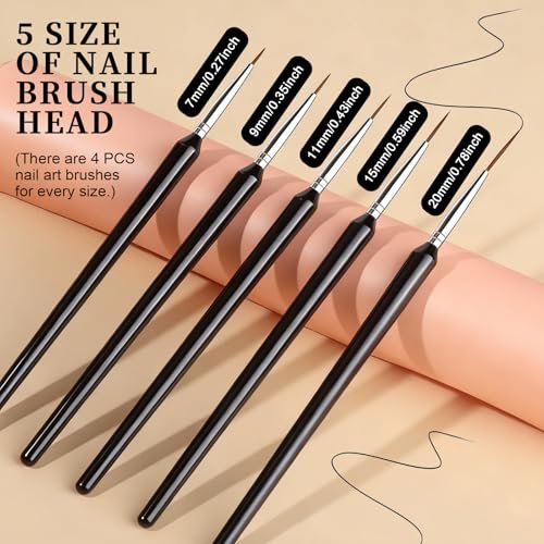 FANDAMEI 20pcs Nail Art Brushes Set - Liner Brushes for Drawing Long Lines, Thin Nail Art Brush Kit (7/9/11/15/20mm), Black - görsel 4