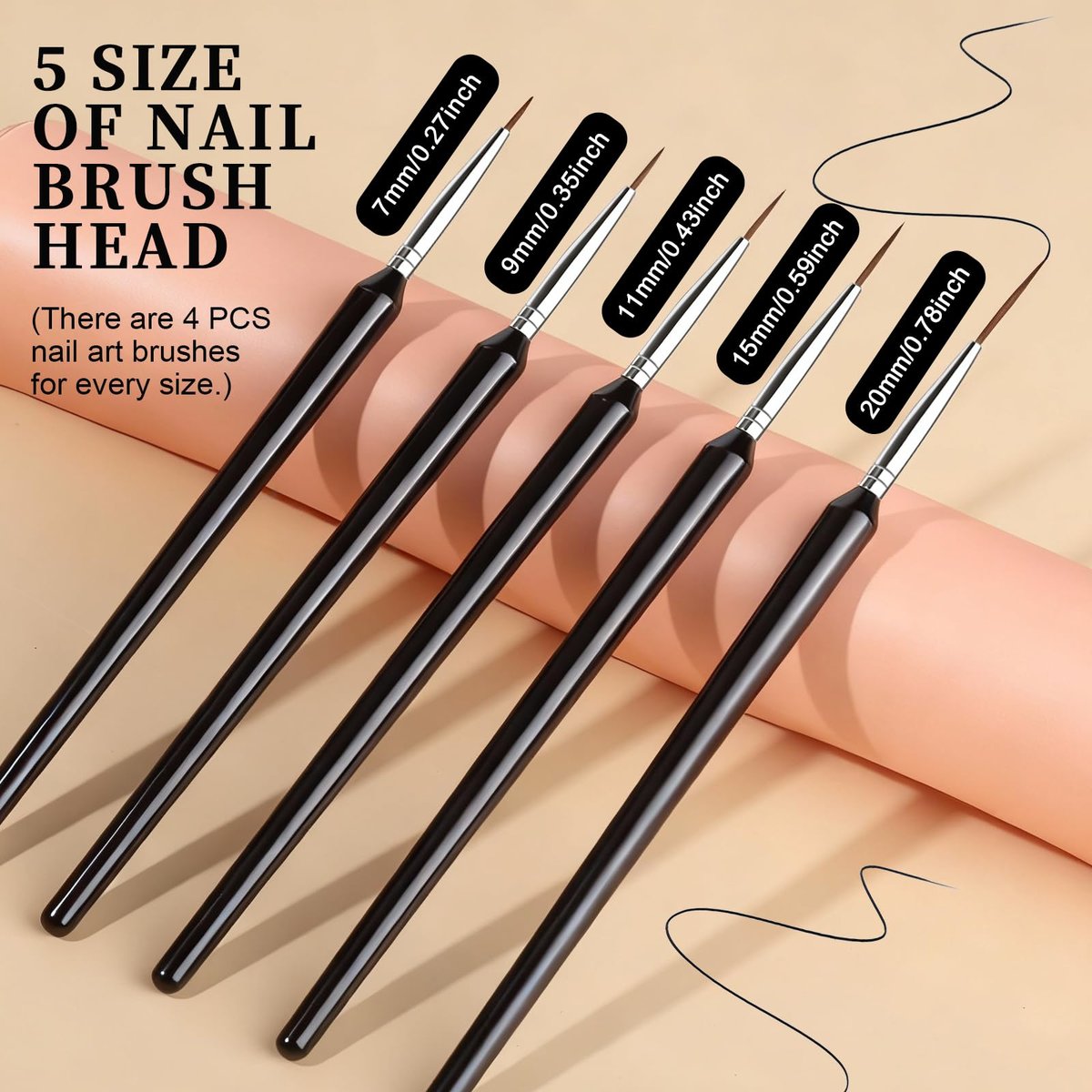 FANDAMEI 20pcs Nail Art Brushes Set - Liner Brushes for Drawing Long Lines, Thin Nail Art Brush Kit (7/9/11/15/20mm), Black - görsel 3