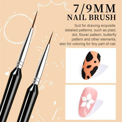 FANDAMEI 20pcs Nail Art Brushes Set - Liner Brushes for Drawing Long Lines, Thin Nail Art Brush Kit (7/9/11/15/20mm), Black