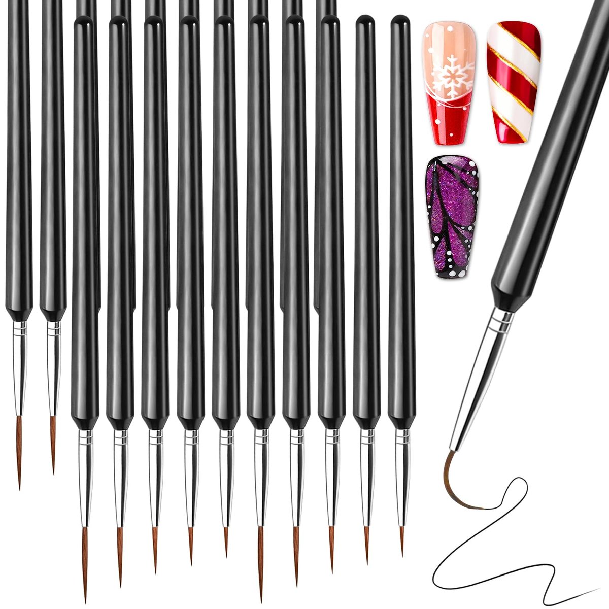 FANDAMEI 20pcs Nail Art Brushes Set - Liner Brushes for Drawing Long Lines, Thin Nail Art Brush Kit (7/9/11/15/20mm), Black - görsel 1