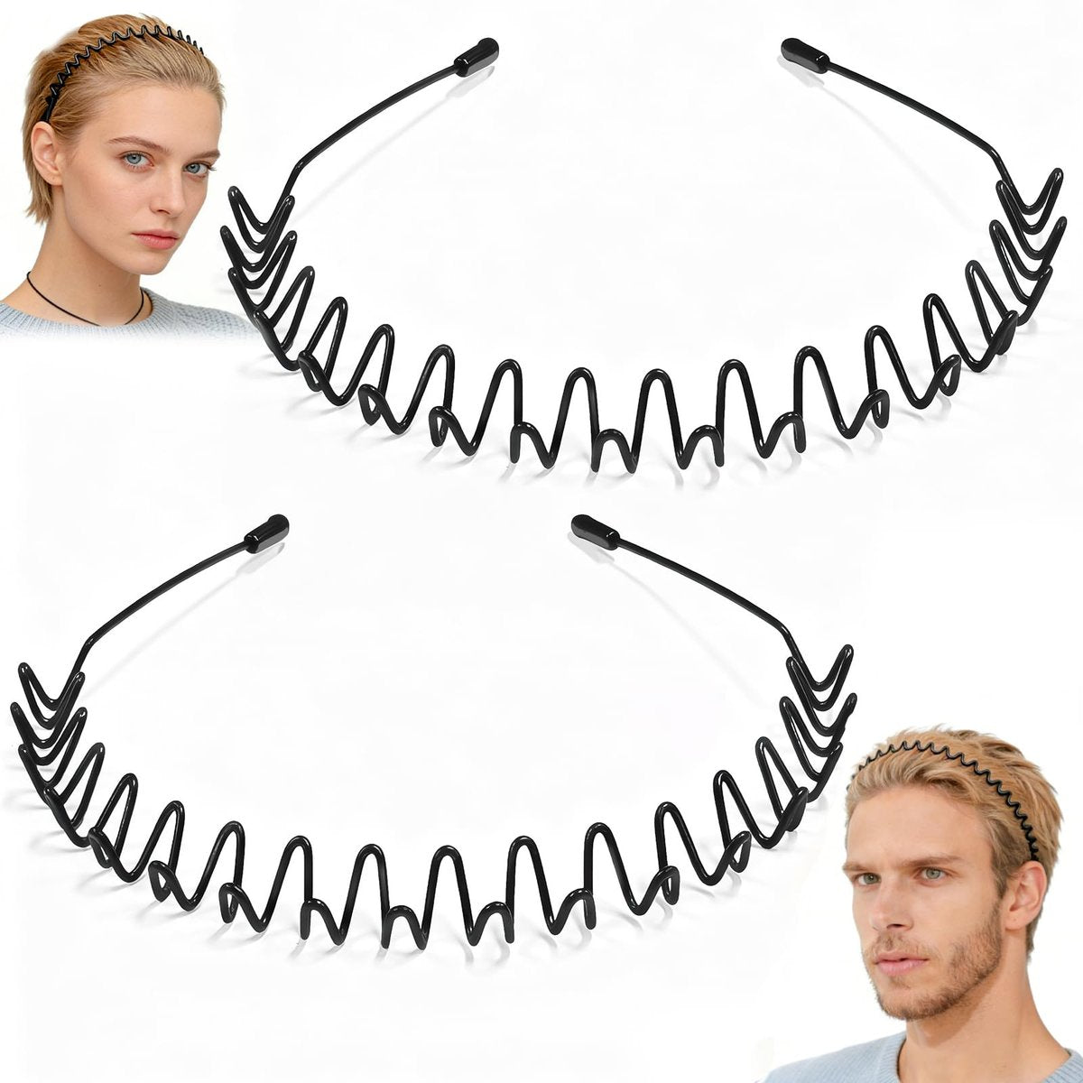 ZASZO 2 Pack Metal Hair Band – Fashion Wavy Spring Headband for Men & Women – Elastic Non-Slip Metal Hair Hoop for Daily Use & Sports - görsel 1