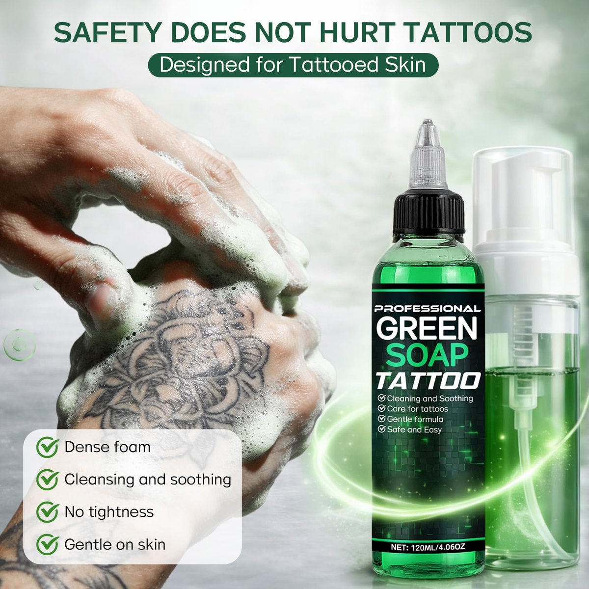 Vereclue Green Soap Tattoo (4OZ) - Concentrated Tattoo Soap with Foaming Bottle 120ml, Wash Cleaning Supplies for Tattoos Piercings, Clean Skin Equipment - görsel 5