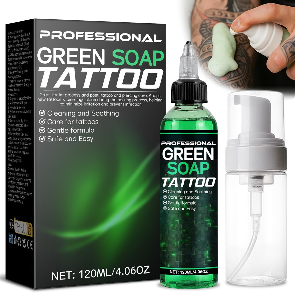 Vereclue Green Soap Tattoo (4OZ) - Concentrated Tattoo Soap with Foaming Bottle 120ml, Wash Cleaning Supplies for Tattoos Piercings, Clean Skin Equipment - görsel 1