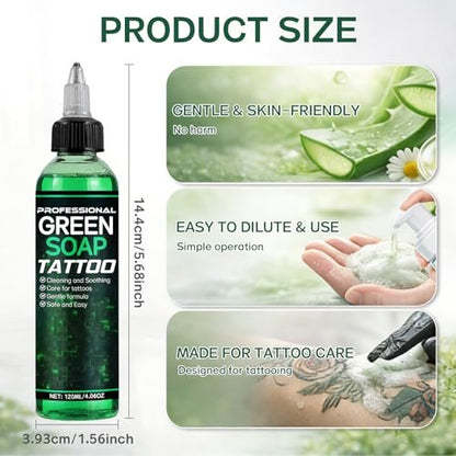 Vereclue Green Soap Tattoo (4OZ) - Concentrated Tattoo Soap with Foaming Bottle 120ml, Wash Cleaning Supplies for Tattoos Piercings, Clean Skin Equipment