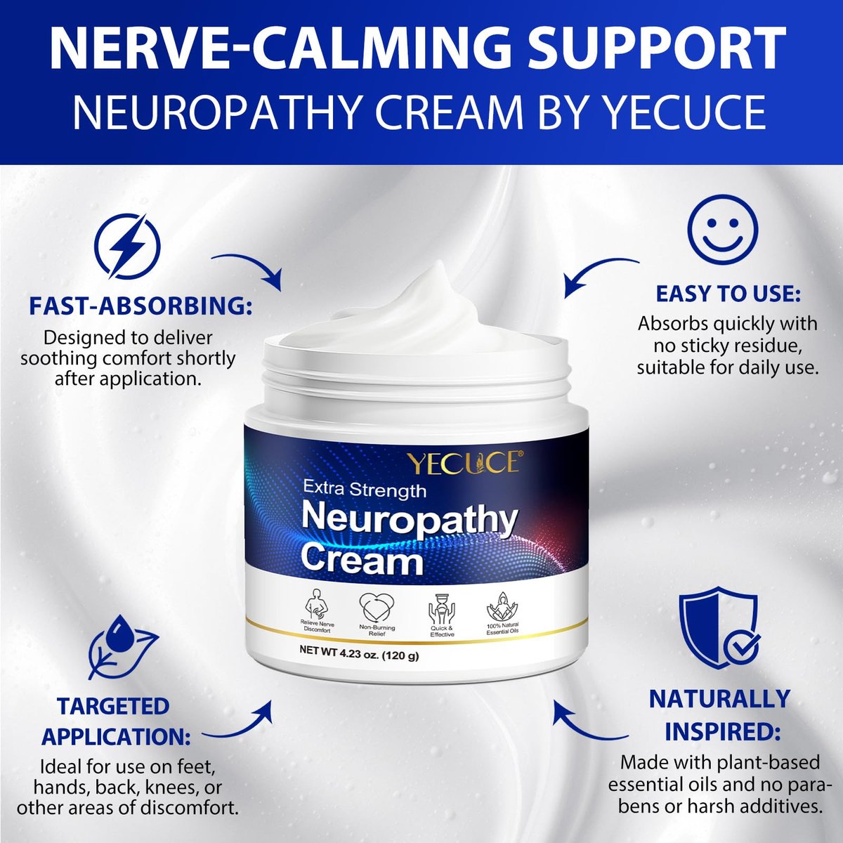 Neuropathy Relief Cream for Feet, Hands, Legs & Toes - Natural Formula for Tingling, Burning & Nerve Discomfort - Fast Absorbing, Non-Greasy Moisturizer with ALA, Menthol & Magnesium - Vegan, 4.23 oz - görsel 5