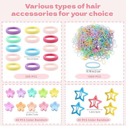 1256 Pcs Hair Accessories for Girls – Ponytail Holders, Toddler Hair Ties with Mini Hair Clips & Star Hair Clips