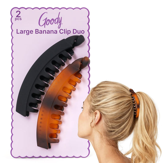 Goody Large Banana Clip Set - Black and Tortoiseshell, 2 Count - Secure, No Crease Hair Clips for All Hair Types