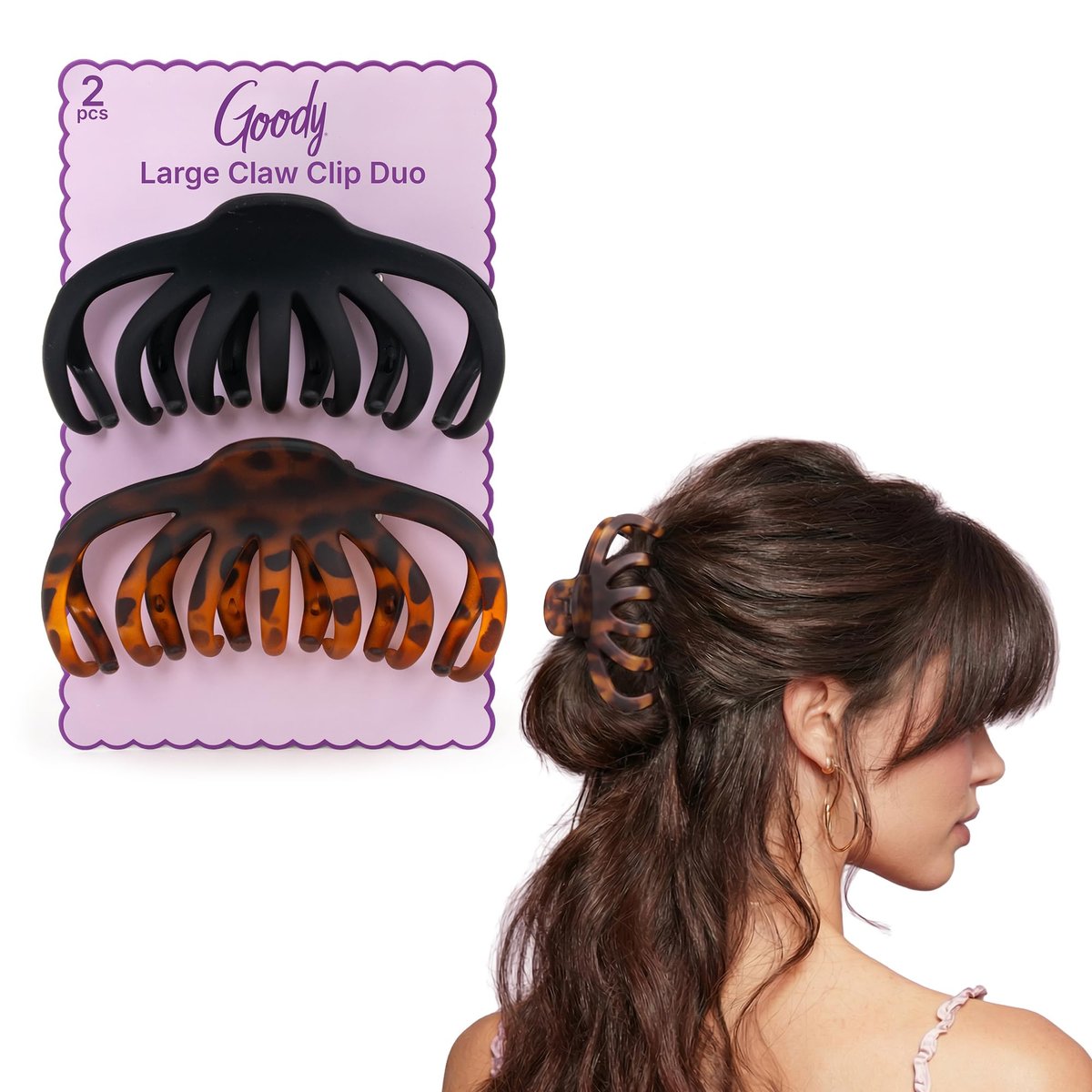 Goody SlideProof Large Hair Clips – Stylish Secure Grip Octopus Claw Clips for Thick Hair, Black & Tortoiseshell, 2 Count - görsel 1
