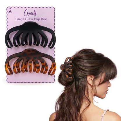 Goody SlideProof Large Hair Clips – Stylish Secure Grip Octopus Claw Clips for Thick Hair, Black & Tortoiseshell, 2 Count
