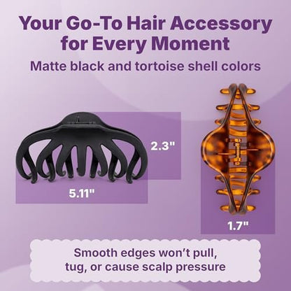 Goody SlideProof Large Hair Clips – Stylish Secure Grip Octopus Claw Clips for Thick Hair, Black & Tortoiseshell, 2 Count