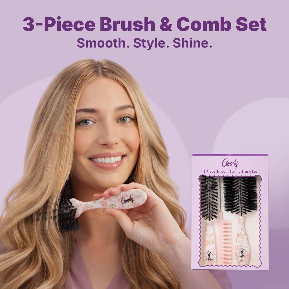 Goody 3-Piece Styling Hairbrush Set – Floral Pattern – Boar Bristle Smoothing Brush, Half-Round 180° Brush, Rat-Tail Comb – For All Hair Types – Gift for Women & Girls Avelisse