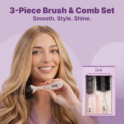 Goody 3-Piece Styling Hairbrush Set – Floral Pattern – Boar Bristle Smoothing Brush, Half-Round 180° Brush, Rat-Tail Comb – For All Hair Types – Gift for Women & Girls Avelisse