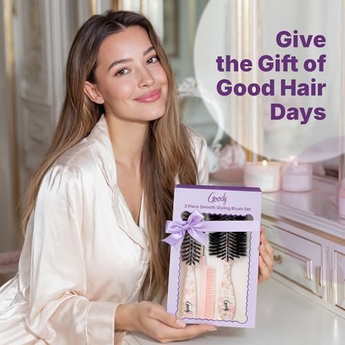 Goody 3-Piece Styling Hairbrush Set – Floral Pattern – Boar Bristle Smoothing Brush, Half-Round 180° Brush, Rat-Tail Comb – For All Hair Types – Gift for Women & Girls Avelisse