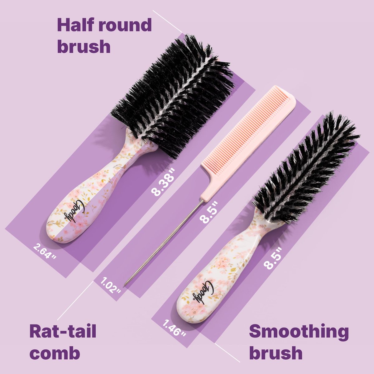 Goody 3-Piece Styling Hairbrush Set – Floral Pattern – Boar Bristle Smoothing Brush, Half-Round 180° Brush, Rat-Tail Comb – For All Hair Types – Gift for Women & Girls Avelisse