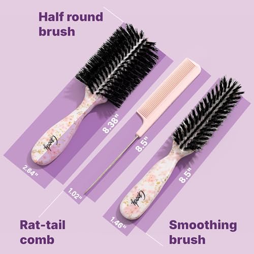 Goody 3-Piece Styling Hairbrush Set – Floral Pattern – Boar Bristle Smoothing Brush, Half-Round 180° Brush, Rat-Tail Comb – For All Hair Types – Gift for Women & Girls Avelisse