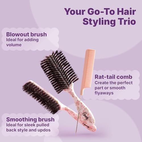Goody 3-Piece Styling Hairbrush Set – Floral Pattern – Boar Bristle Smoothing Brush, Half-Round 180° Brush, Rat-Tail Comb – For All Hair Types – Gift for Women & Girls Avelisse