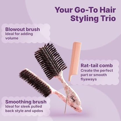 Goody 3-Piece Styling Hairbrush Set – Floral Pattern – Boar Bristle Smoothing Brush, Half-Round 180° Brush, Rat-Tail Comb – For All Hair Types – Gift for Women & Girls Avelisse