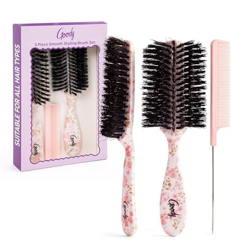 Goody 3-Piece Styling Hairbrush Set – Floral Pattern – Boar Bristle Smoothing Brush, Half-Round 180° Brush, Rat-Tail Comb – For All Hair Types – Gift for Women & Girls Avelisse